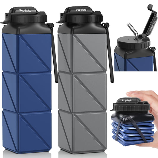 Bouteilles d'eau pliables Popdigito 600 ml, sans BPA, réutilisables, légères, anti-fuite, en silicone pour le voyage, la salle de sport, la randonnée, le camping (gris foncé amélioré + bleu foncé)