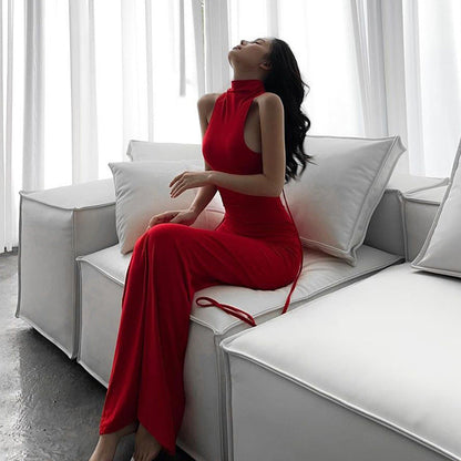 Hollow Out Sleeveless Hanging Neck Dress At Back