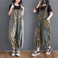 Women's Retro Nostalgic Print Ripped Denim Overalls