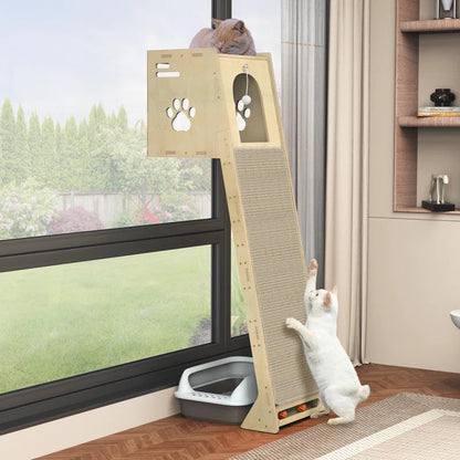 Luxury Wall-Leaning Cat Climbing Tower — Modern Cat Climber with Scratching Mat & Perch