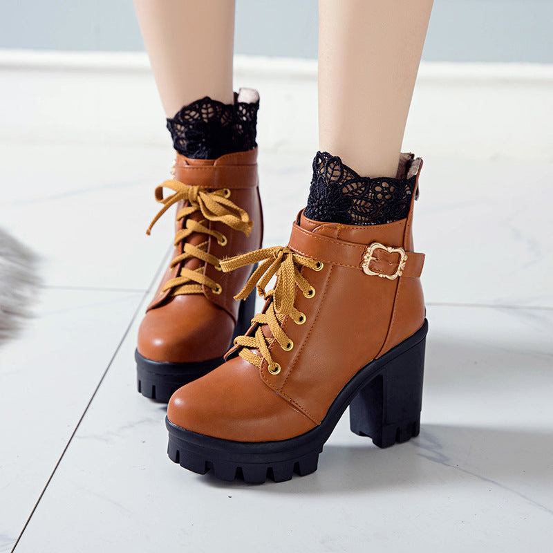 Bottes cheville lacées à talons carrés pour femmes, couleur blanc et noir
