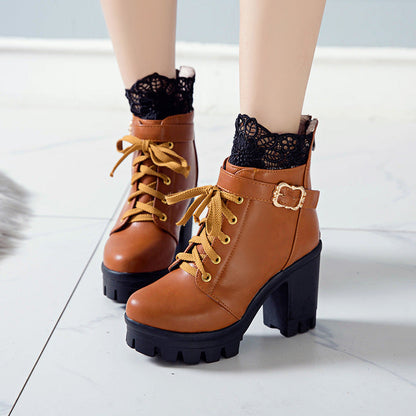 Bottes cheville lacées à talons carrés pour femmes, couleur blanc et noir