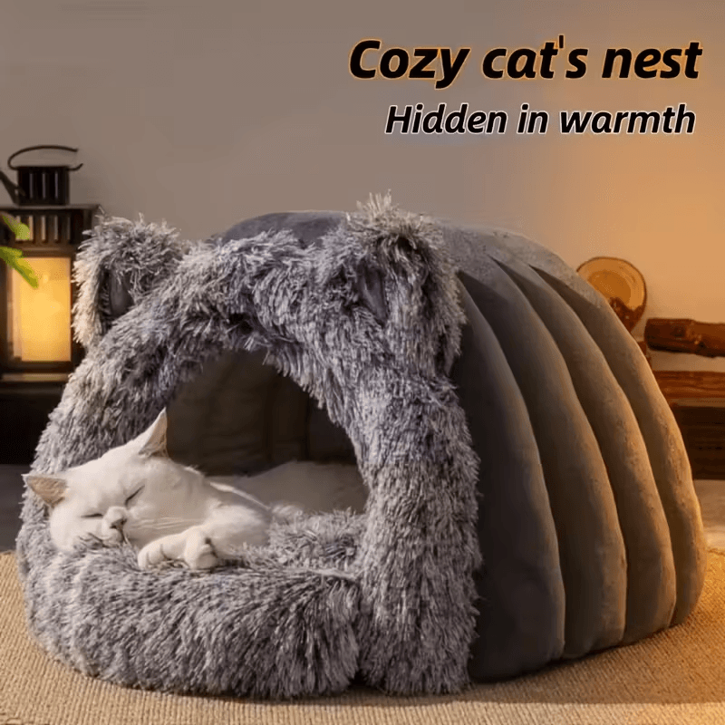 Cueva para gatos de forro polar cálido para invierno, a prueba de viento, confort térmico de 360° para gatos y perros pequeños