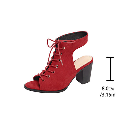 Sandales à talon épais avec lacets, style estival, bout ouvert pour femme