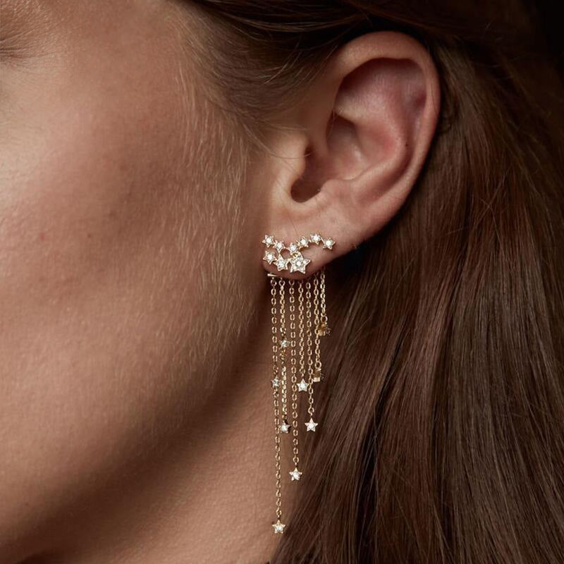 Diamond Studded Star Tassel Chain Back Hanging Earrings