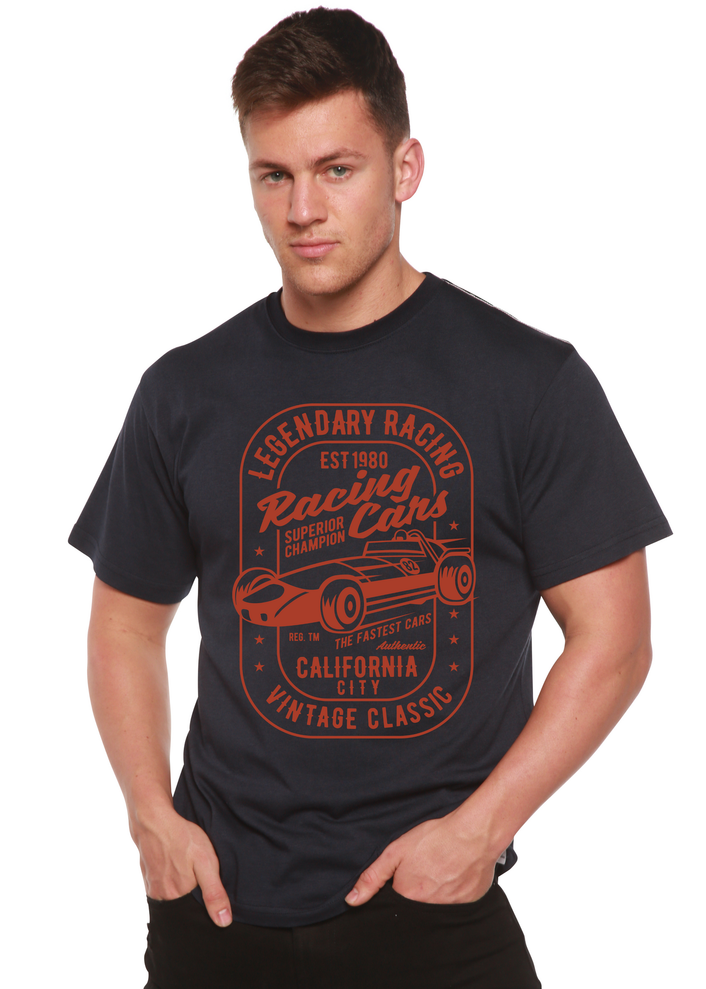 T-shirt à manches courtes en bambou-viscose et coton biologique pour homme avec motif « Voitures de course légendaires »