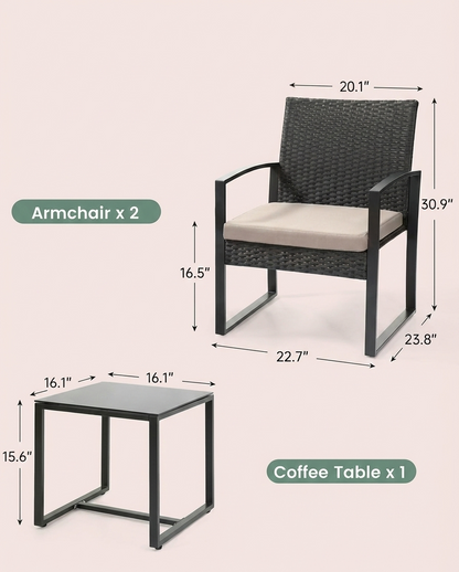 3-Piece Outdoor Patio Furniture Set – Wicker Chairs + Bar Table with Cushions