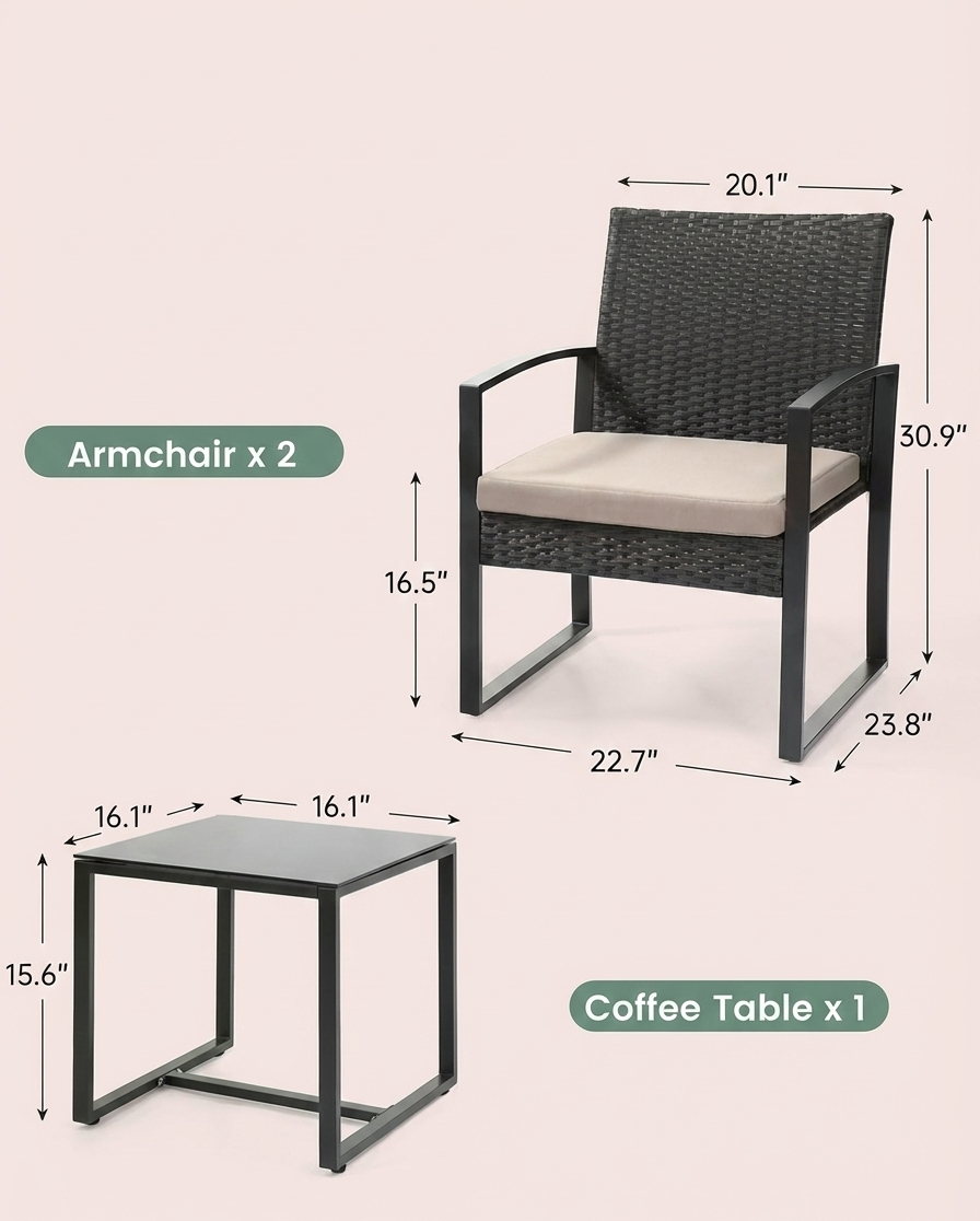 Ensemble de mobilier de jardin 3 pièces – Chaises en osier + table de bar avec coussins