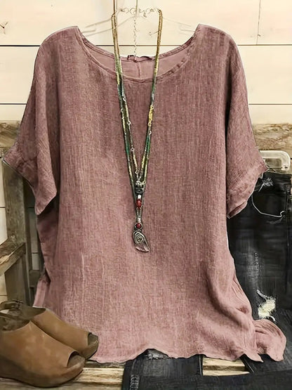 Women Fashion Casual Shirts Solid Color 3 4 Sleeve Round Neck Blouses Summer Loose Tops Streetwear