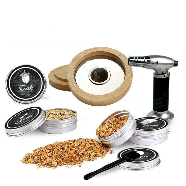 Coffret Cadeau Infuseur de Boissons Bourbon Professionnel | Kit Cocktail Aromatique de Luxe avec Copeaux de Bois | Ensemble d'Assaisonnement de Spiritueux en Chêne Sculpté à la Main avec Torche