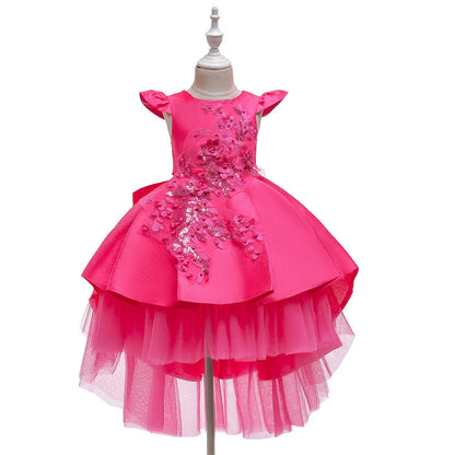 Robe de princesse à manches courtes brodée pour spectacle de piano, costume de mariage, robe de demoiselle d'honneur