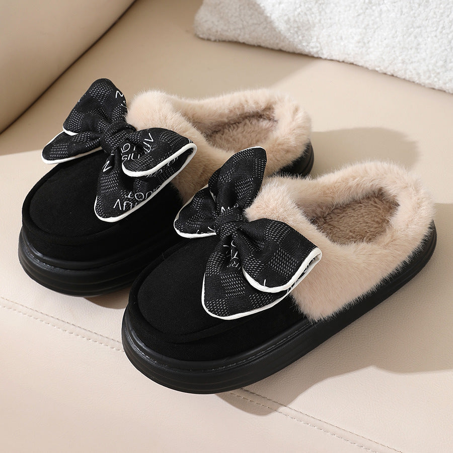 Lindas zapatillas de felpa con nudo de lazo para invierno, cálidas, para interiores, dormitorio, para mujer, a la moda, de suela gruesa, para casa