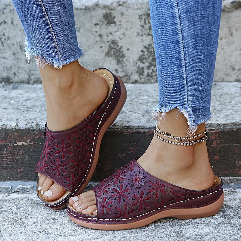 Chaussons Rétro Femme Chaussures Florales Creuses Sandales d'Été d'Extérieur