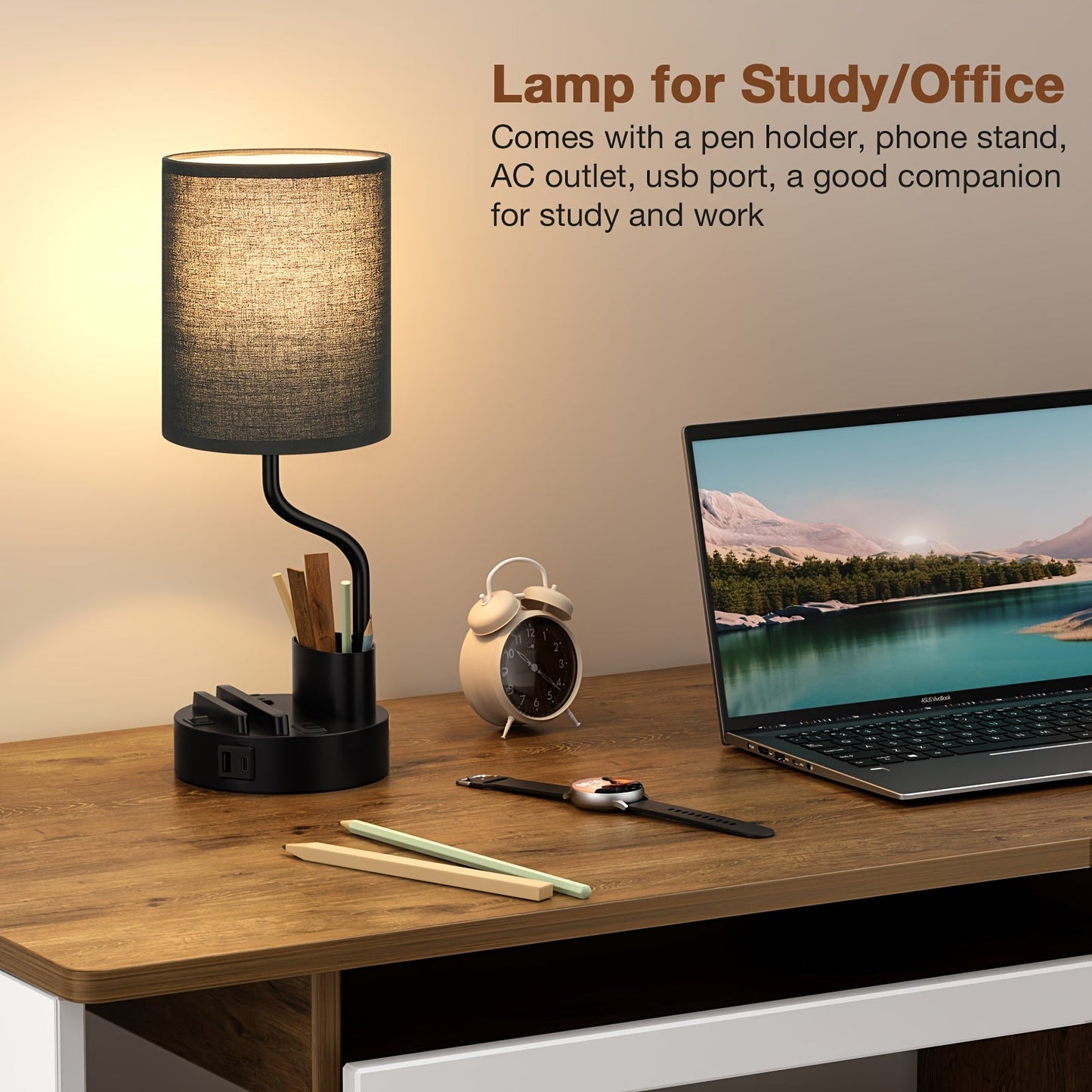 Set of 2 Bedside Lamps – USB-C+USB-A & Outlet, 3-Color Modern Nightstand Lights