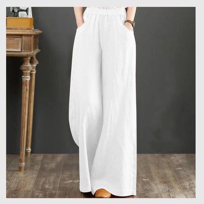 Pure Linen Plus Size Wide Leg Pants Women Drawstring Elastic