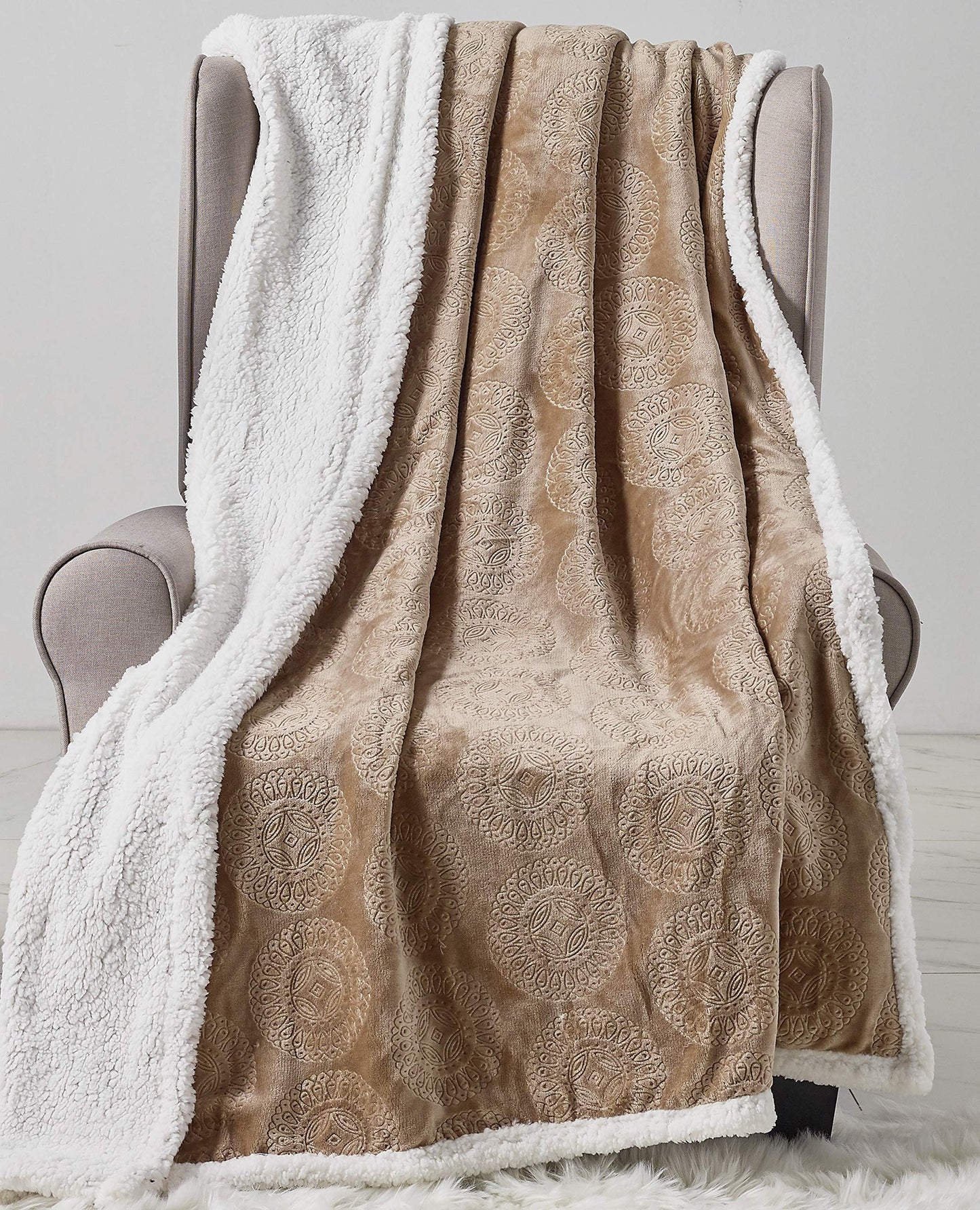 Decor&More Bon Iver Collection Extra Soft Mandala Embossed Microplush Throw Blanket with Sherpa Backing (50" x 60")