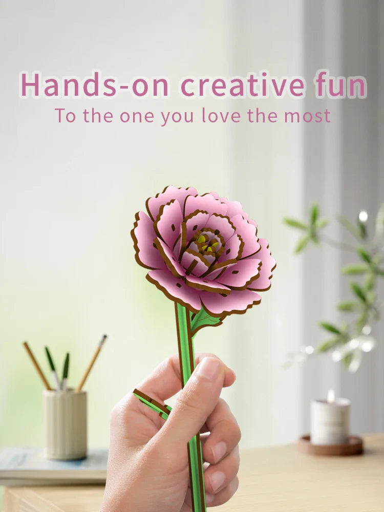 1pc Fleur de Pivoine en Bois, Plante en Pot de Fleur en Bois Assemblée, Convient pour la Décoration de la Maison, Cadeau de Vacances Nouvel An