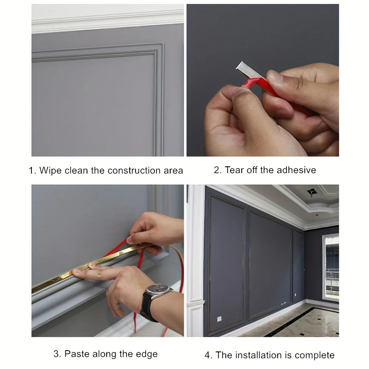 1 ruban autocollant PVC 5 m 1,1 cm pour décoration de carreaux - Bande adhésive étanche pour cadres de décoration murale