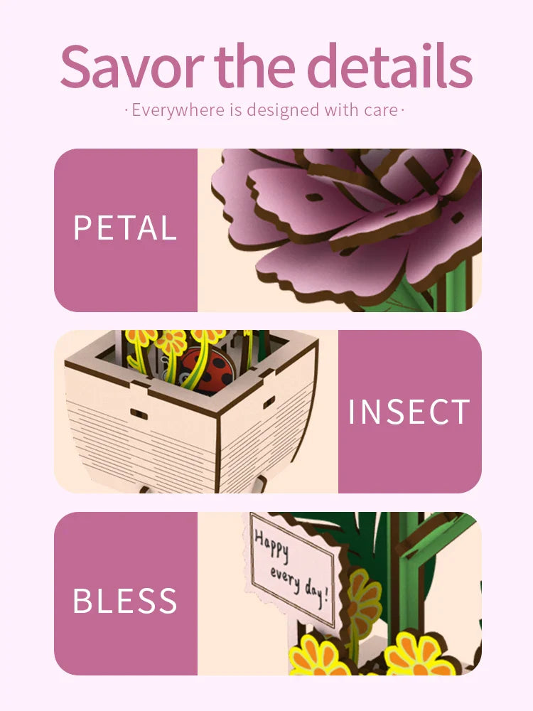 1pc Fleur de Pivoine en Bois, Plante en Pot de Fleur en Bois Assemblée, Convient pour la Décoration de la Maison, Cadeau de Vacances Nouvel An