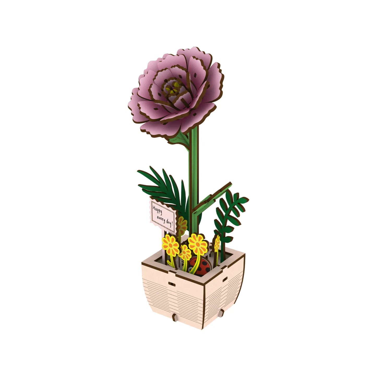 1pc Fleur de Pivoine en Bois, Plante en Pot de Fleur en Bois Assemblée, Convient pour la Décoration de la Maison, Cadeau de Vacances Nouvel An