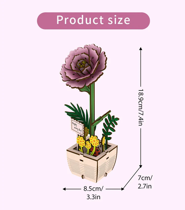 1pc Fleur de Pivoine en Bois, Plante en Pot de Fleur en Bois Assemblée, Convient pour la Décoration de la Maison, Cadeau de Vacances Nouvel An