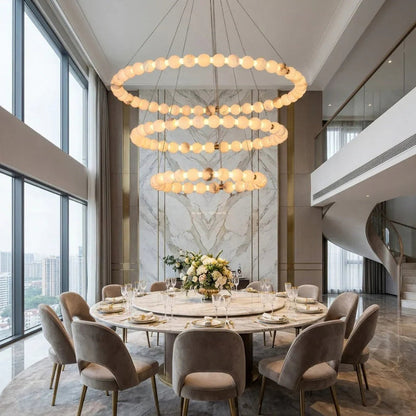 Alabaster Ring Chandelier – Gold Beaded LED Luxury Ceiling Light