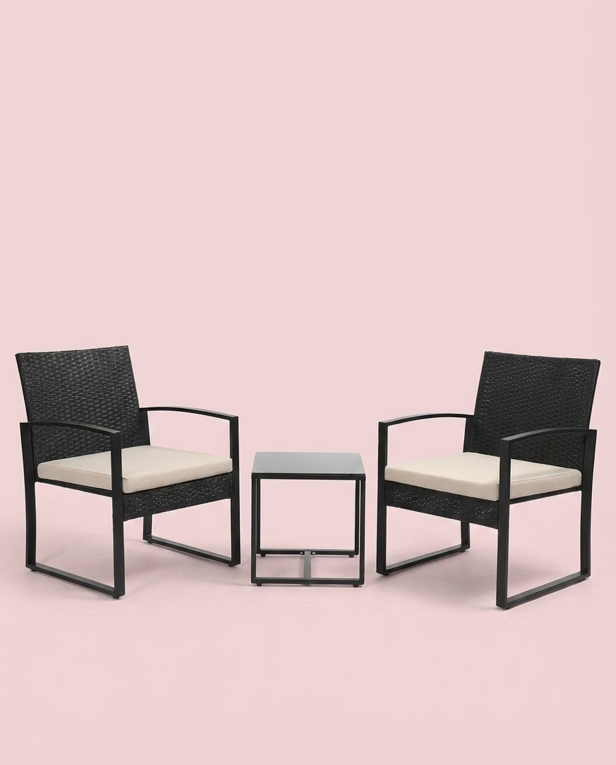 Ensemble de mobilier de jardin 3 pièces – Chaises en osier + table de bar avec coussins