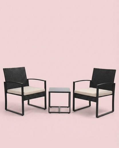 Ensemble de mobilier de jardin 3 pièces – Chaises en osier + table de bar avec coussins