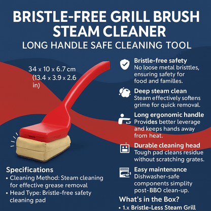 Bristle-Free Grill Steam Cleaner Brush with Long Handle