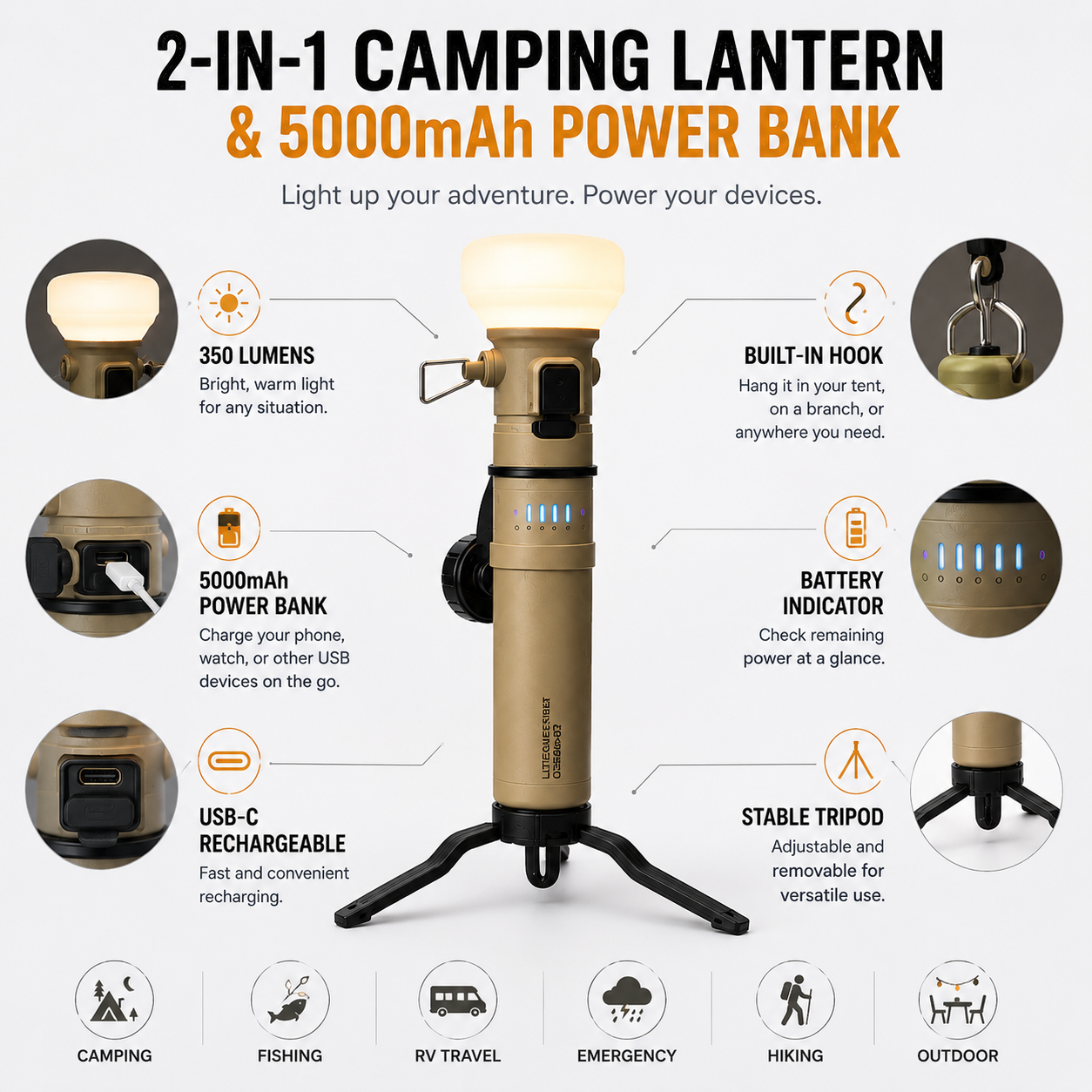 LITEGUEST 2-in-1 Camping Lantern & 5000mAh Power Bank