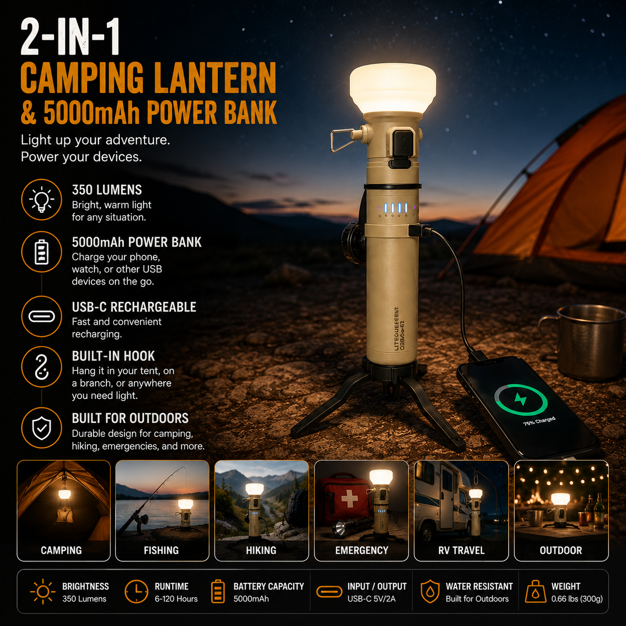 LITEGUEST 2-in-1 Camping Lantern & 5000mAh Power Bank
