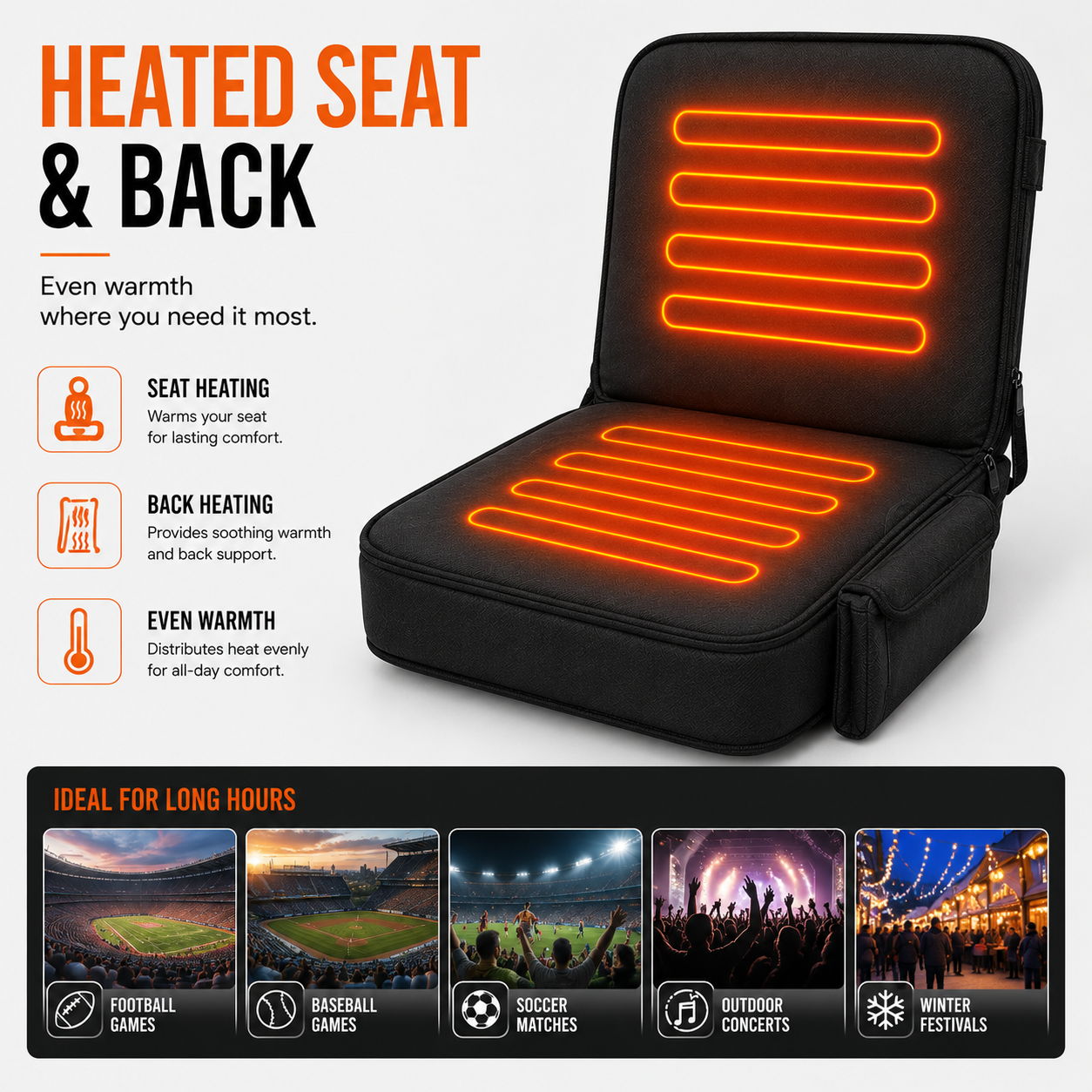 LITEGUEST Heated Stadium Seat with Back Support | USB Powered