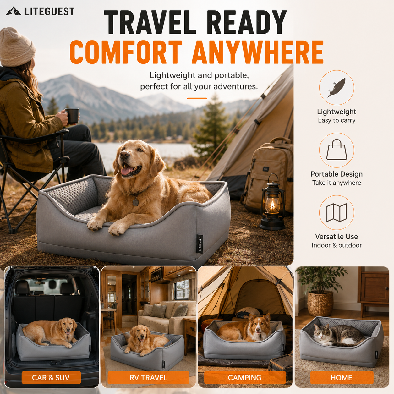 LITEGUEST Portable Heated Pet Bed | Waterproof USB Pet Bed