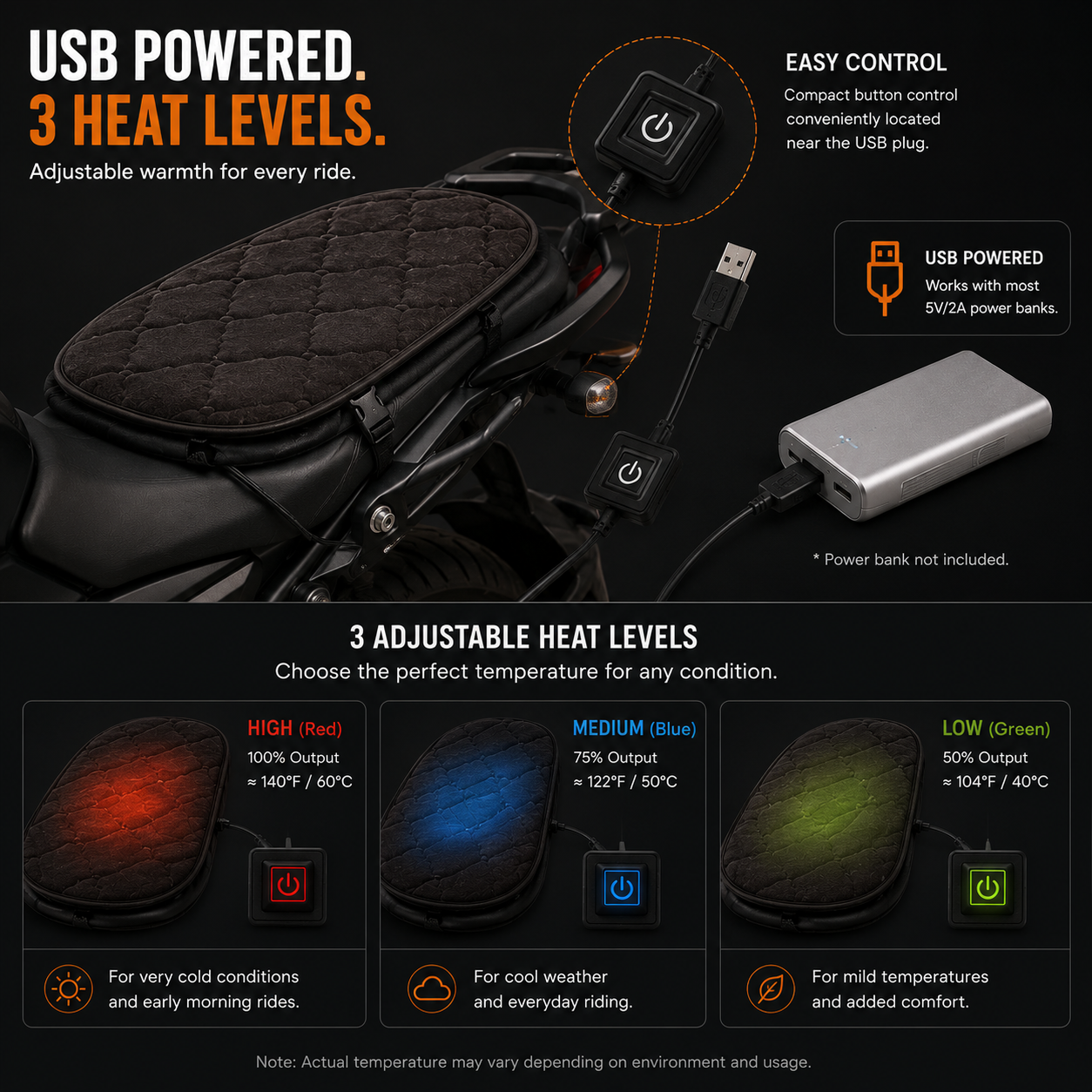 LITEGUEST Heated Motorcycle Seat Cover | USB Winter Riding Pad