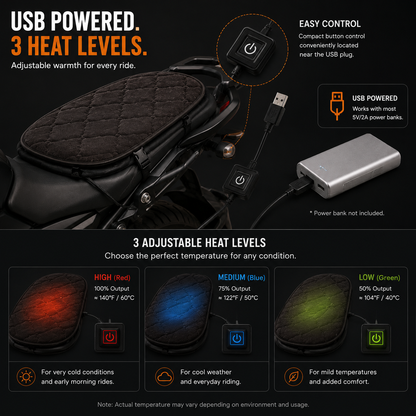 LITEGUEST Heated Motorcycle Seat Cover | USB Winter Riding Pad