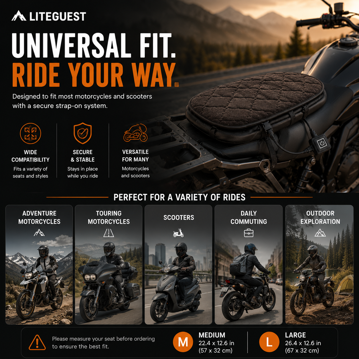 LITEGUEST Heated Motorcycle Seat Cover | USB Winter Riding Pad
