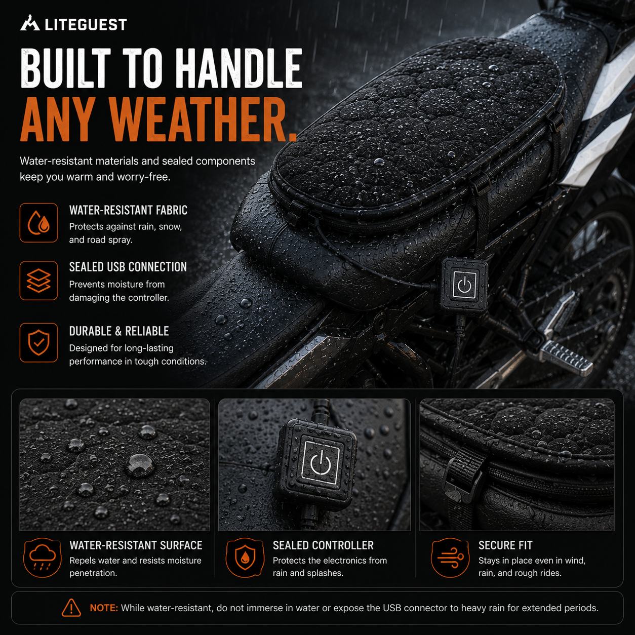 LITEGUEST Heated Motorcycle Seat Cover | USB Winter Riding Pad