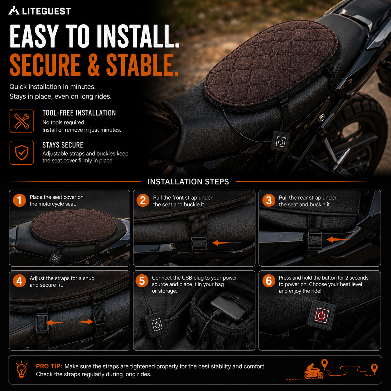 LITEGUEST Heated Motorcycle Seat Cover | USB Winter Riding Pad