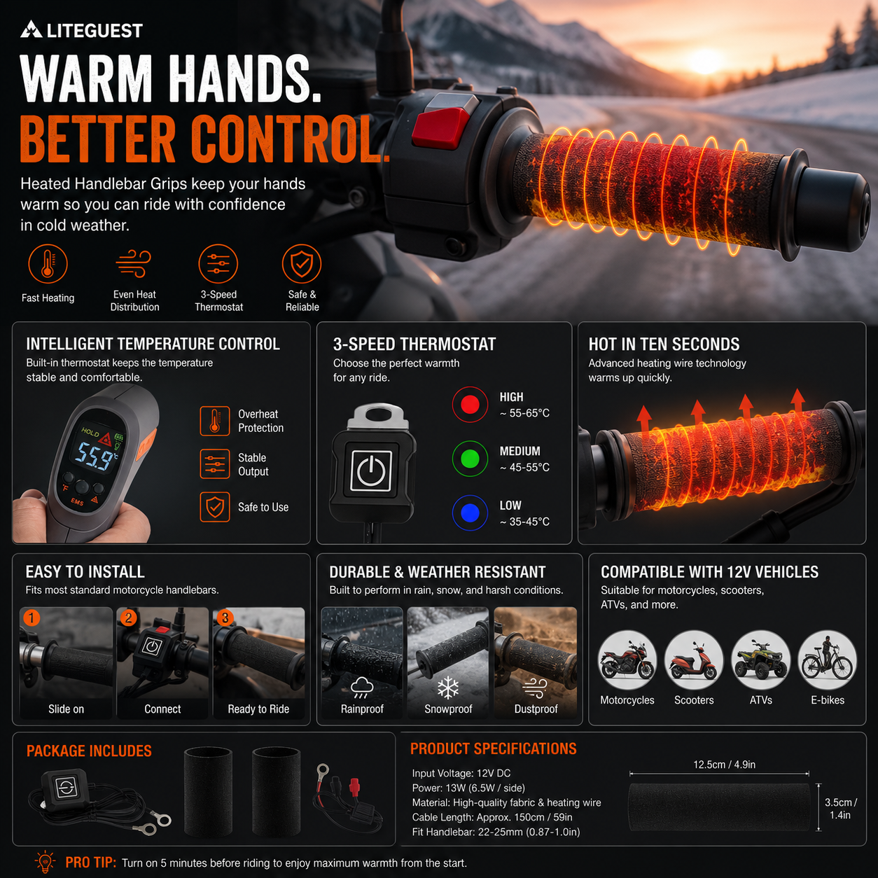 LITEGUEST Heated Handlebar Grip Covers | 12V Grip Warmers