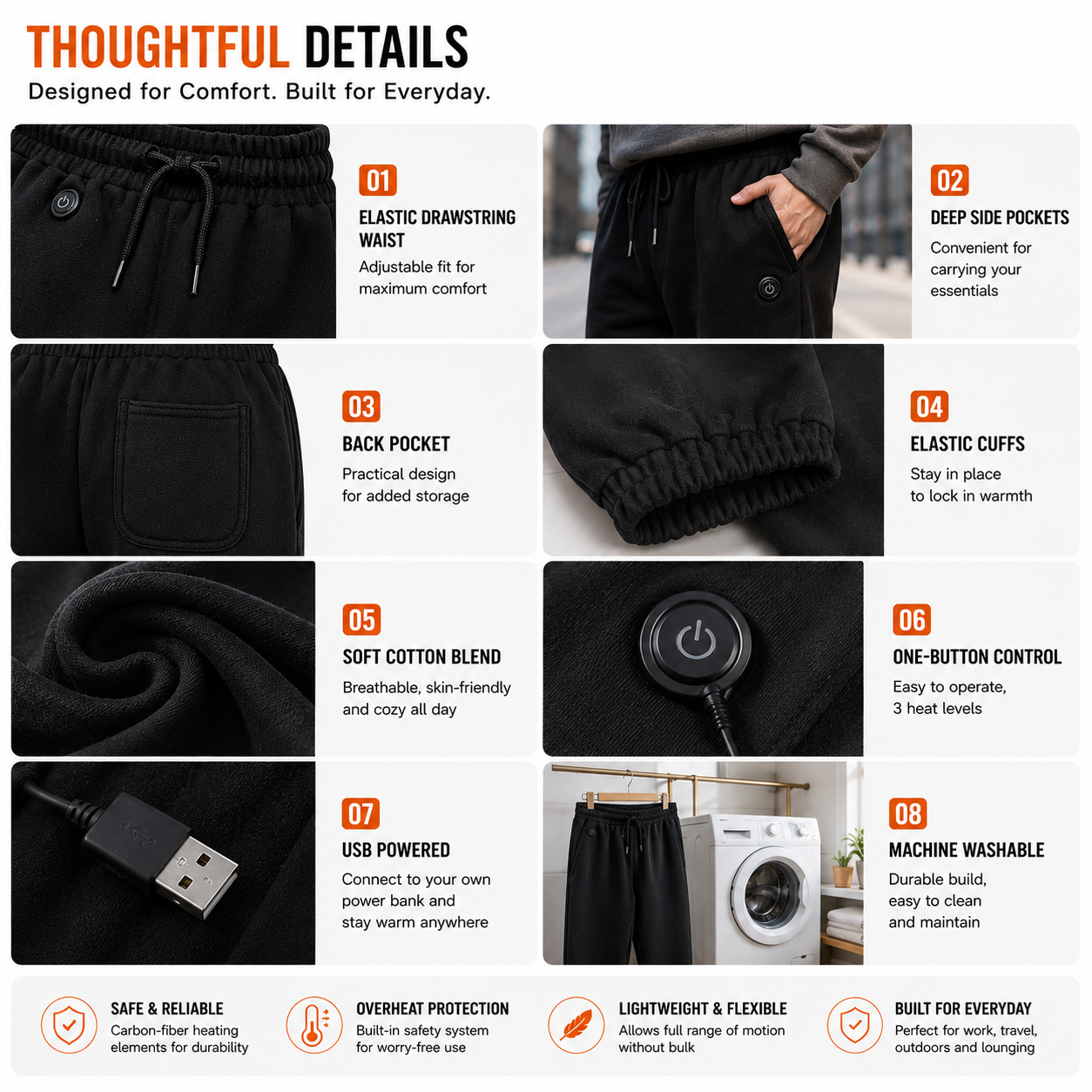 LITEGUEST 14-Zone USB Heated Pants | Soft Cotton Winter Warmth