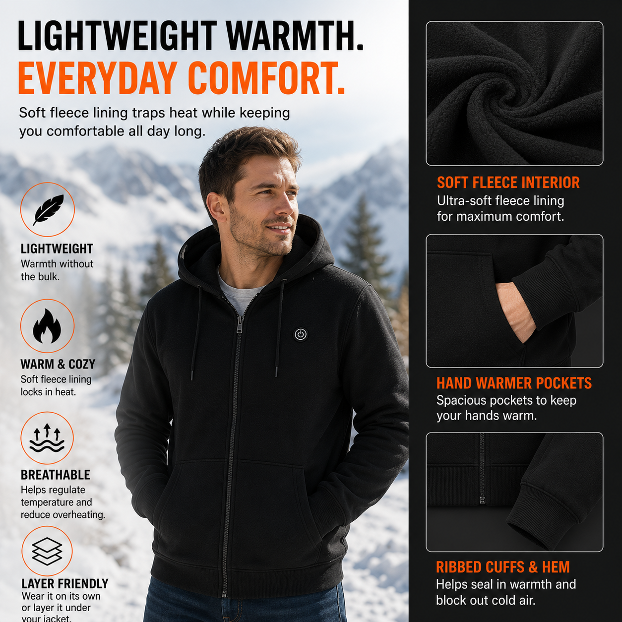 LITEGUEST 5-Zone Heated Zip-Up Hoodie | USB Heated Hoodie