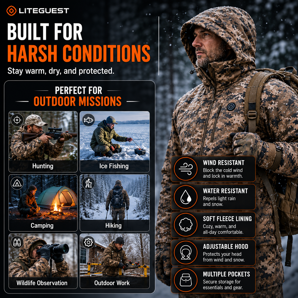 LITEGUEST 7-Zone Heated Hunting Jacket | USB Camo Jacket