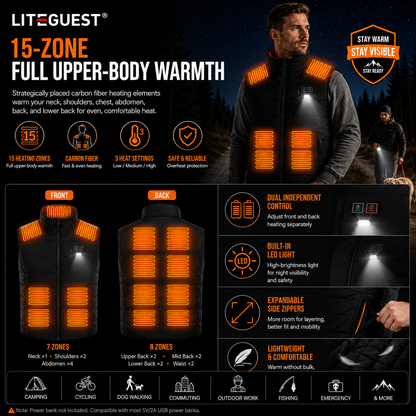 LITEGUEST LED Safety Heated Vest | 15-Zone Dual Control USB Heating
