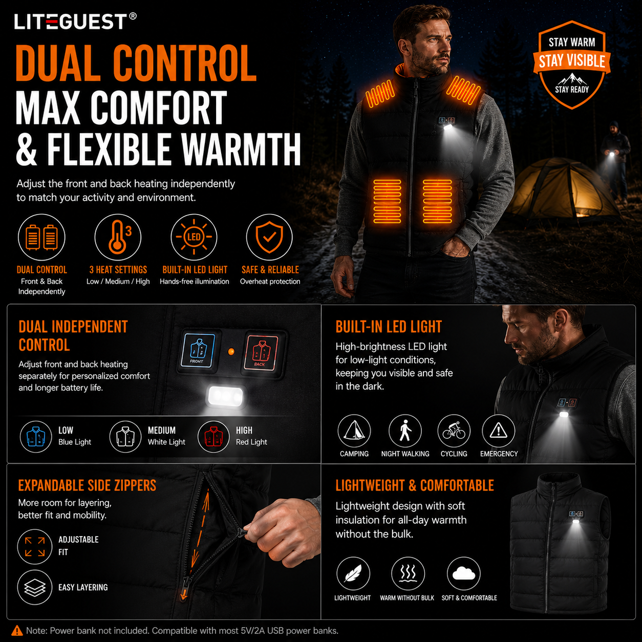 LITEGUEST LED Safety Heated Vest | 15-Zone Dual Control USB Heating