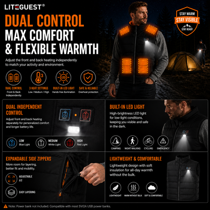 LITEGUEST LED Safety Heated Vest | 15-Zone Dual Control USB Heating