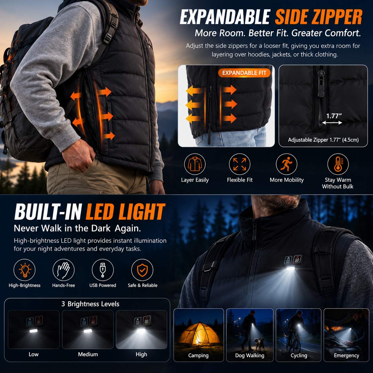LITEGUEST LED Safety Heated Vest | 15-Zone Dual Control USB Heating
