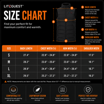 LITEGUEST LED Safety Heated Vest | 15-Zone Dual Control USB Heating