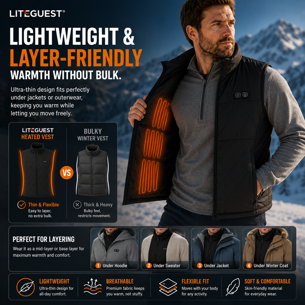 LITEGUEST 17-Zone Heated Vest | Dual Control USB Winter Warmth