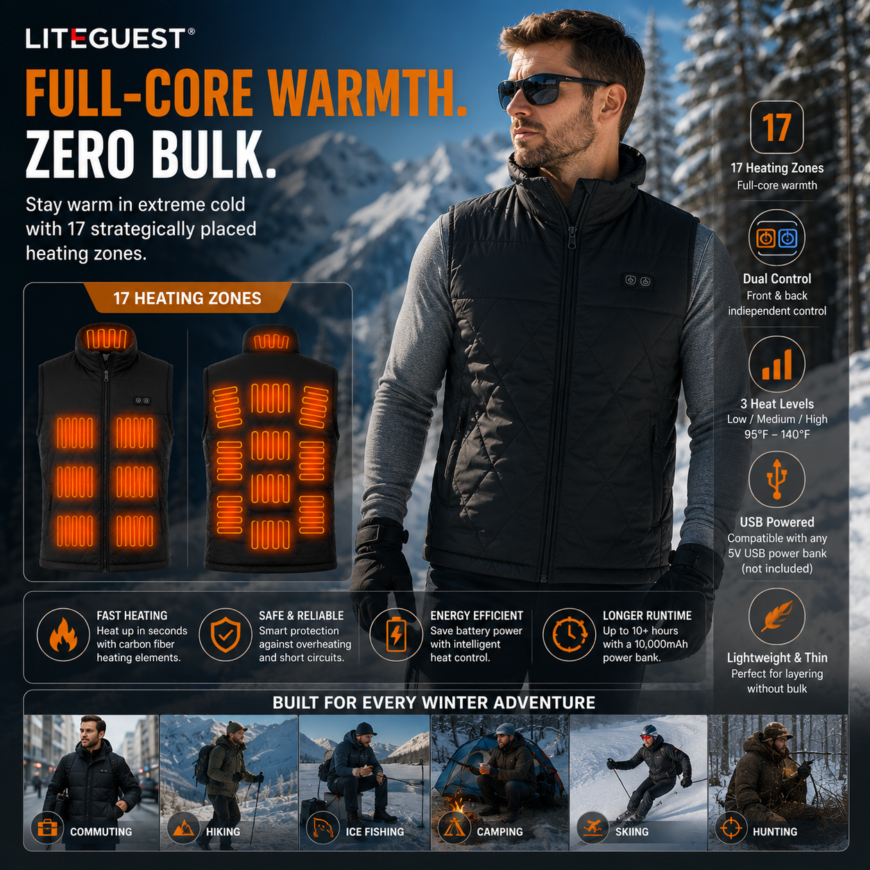 LITEGUEST 17-Zone Heated Vest | Dual Control USB Winter Warmth
