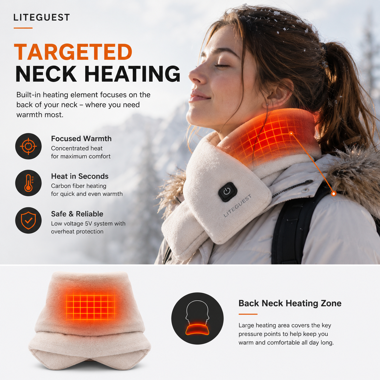 LITEGUEST USB Heated Neck Warmer for Hiking, Skiing & Winter Travel